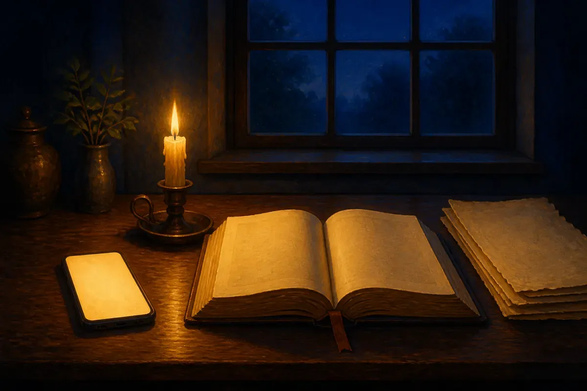 Un teléfono con un resplandor vacío junto a una Biblia abierta, un marcapáginas de cinta y varias hojas de pergamino en blanco