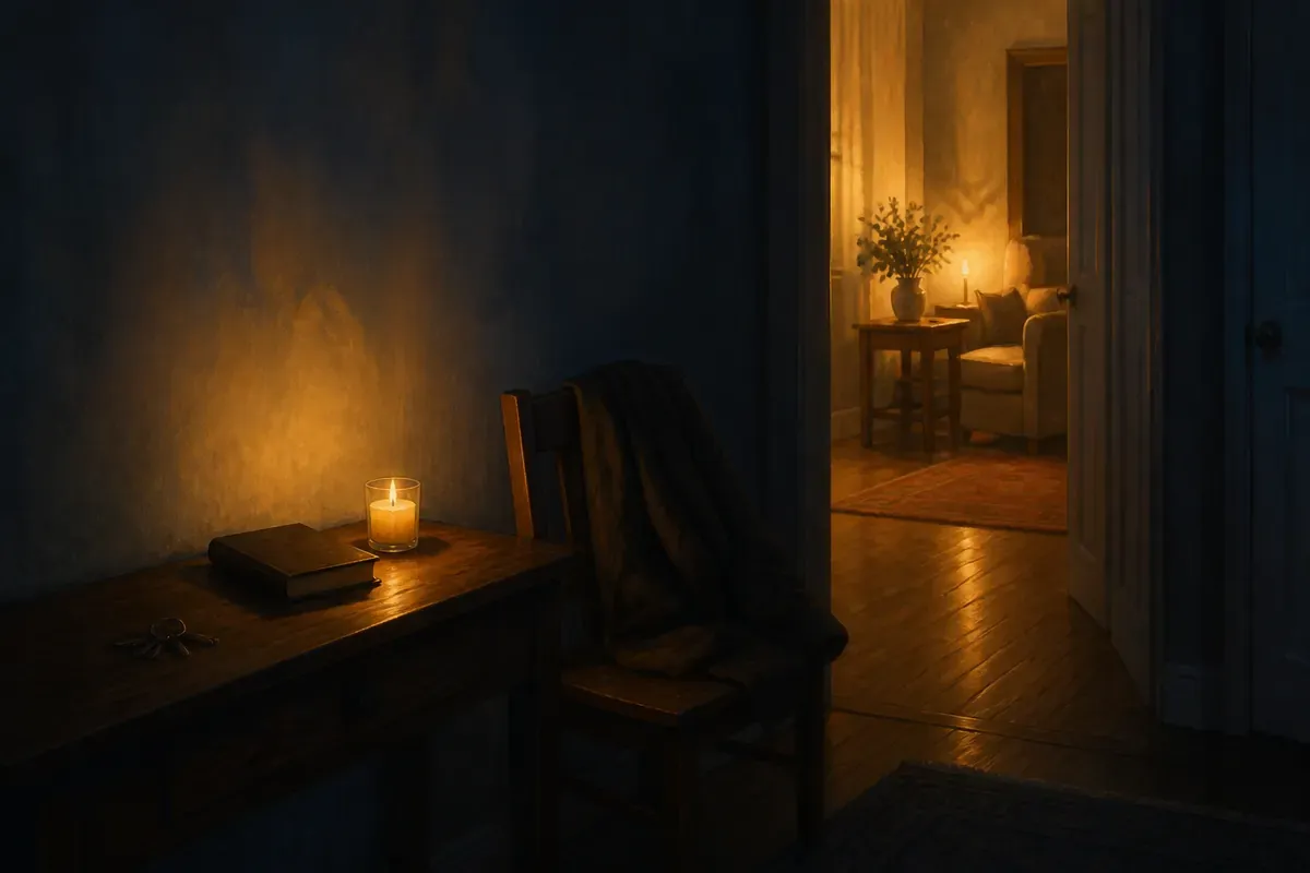 Una vela y una Biblia cerrada descansan sobre una mesa de entrada junto a unas llaves y un abrigo doblado; más allá, una puerta abierta deja ver una habitación cálida.