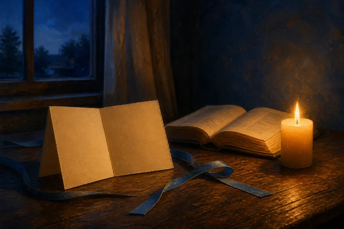 Una tarjeta de cumpleaños color crema en blanco junto a una Biblia abierta, un listón azul y una vela sobre una mesa de madera