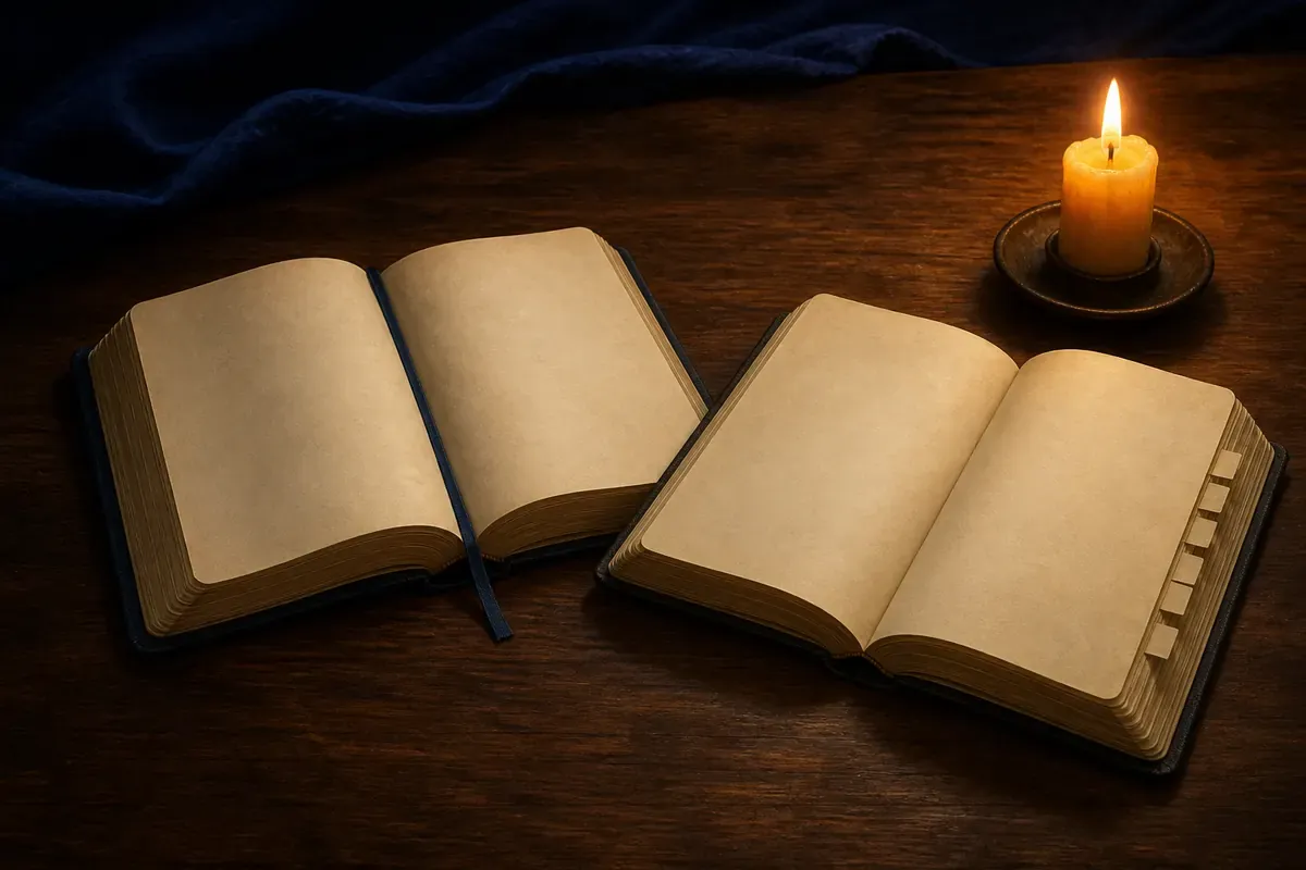 Dos Biblias abiertas sobre una mesa de madera, una de ellas marcada con varias pestañas en blanco
