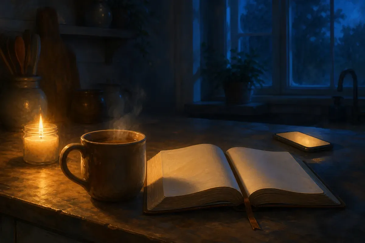 Una taza de café caliente junto a una Biblia abierta sobre la encimera de una cocina, con un teléfono suavemente iluminado al fondo