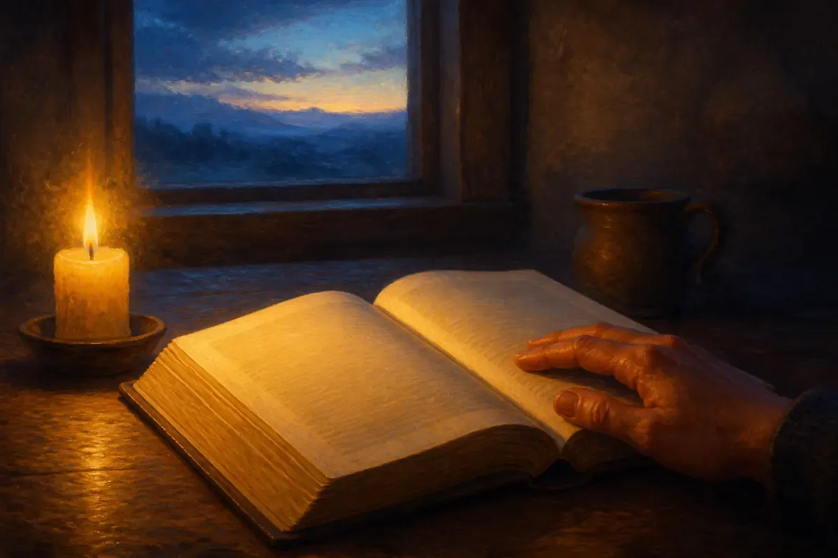 Una mano descansa sobre una Biblia abierta mientras una vela brilla junto a una ventana