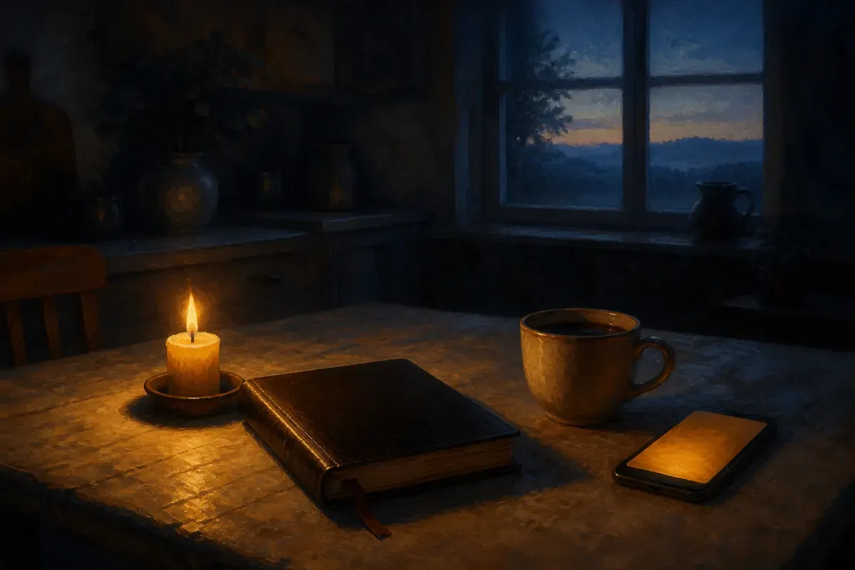 Una Biblia cerrada, una vela, café y un teléfono con un resplandor suave sobre la mesa de la cocina antes del amanecer