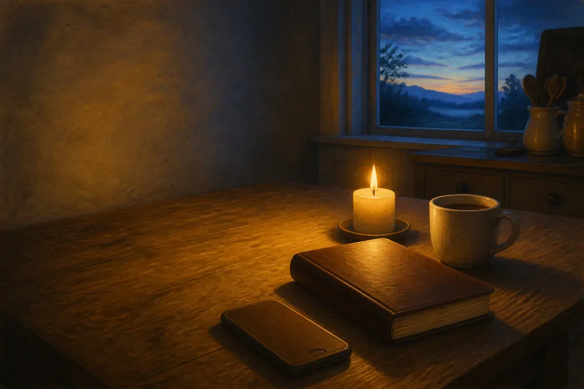 Una Biblia cerrada, una vela, café y un teléfono con un resplandor cálido sobre la mesa de la cocina antes del amanecer