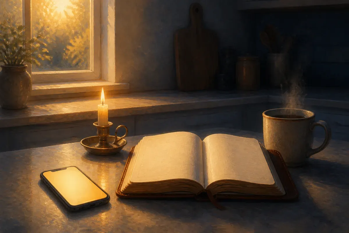 Un teléfono, una Biblia abierta y una velita encendida sobre la barra de la cocina al amanecer