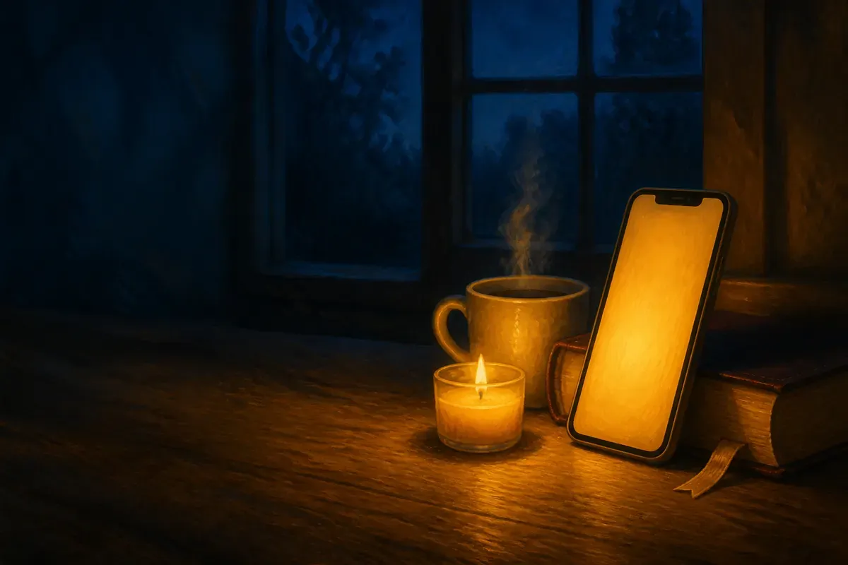 El resplandor cálido de un teléfono junto a una Biblia, café y una velita sobre la mesa de la cocina antes del amanecer