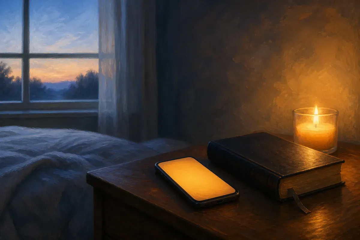 Un teléfono resplandeciente junto a una Biblia cerrada y una velita encendida sobre la mesa de noche antes del amanecer
