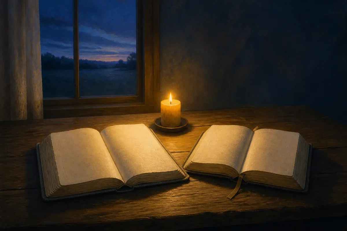 Dos Biblias abiertas que comparten la luz de una vela sobre una mesa tranquila antes del amanecer