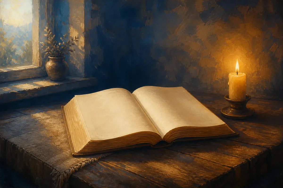 Una Biblia abierta sobre una mesa de madera junto a una vela al amanecer.
