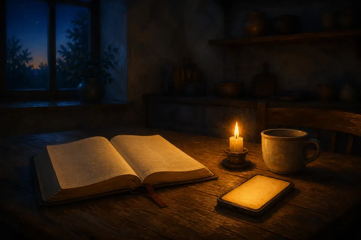 Una Biblia abierta, una vela, una taza y un teléfono suavemente iluminado sobre una mesa de madera antes del amanecer