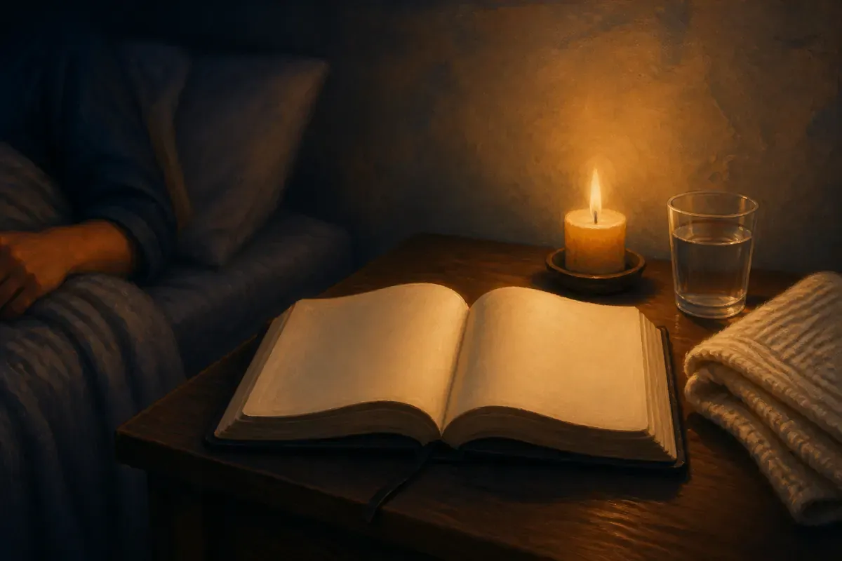 Mesita junto a una cama con una Biblia abierta, una vela, agua y una manta doblada antes del amanecer