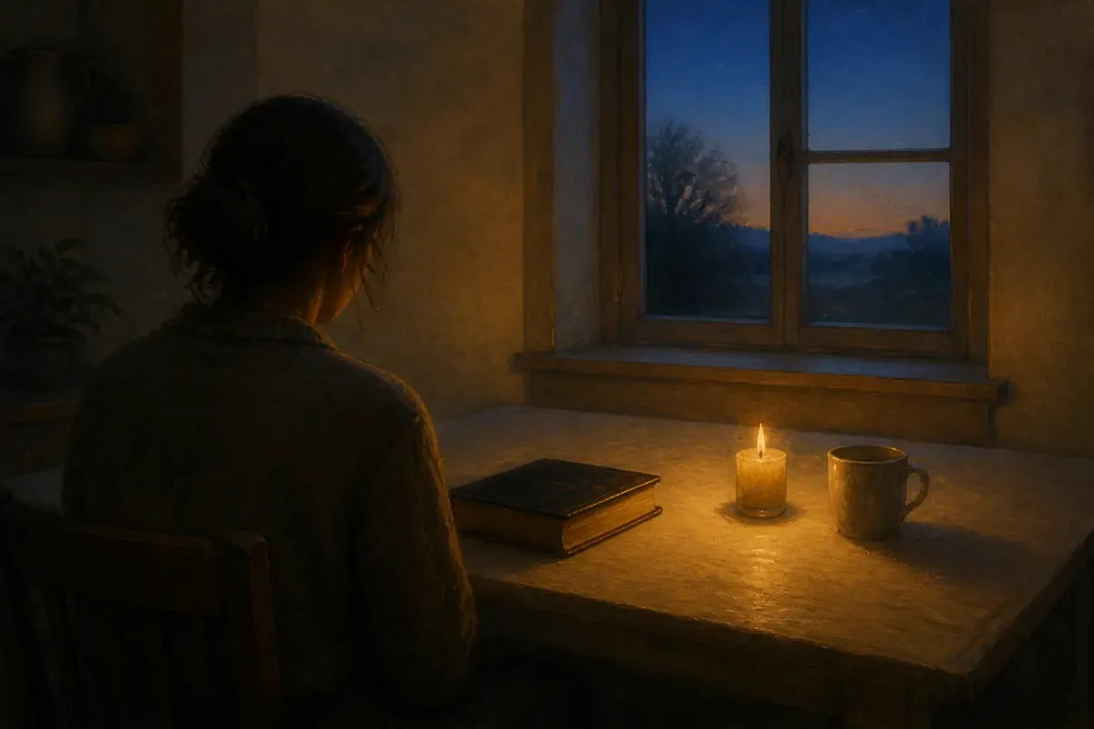 Una persona se sienta ante una mesa de cocina antes del amanecer, con una Biblia cerrada, una vela y una taza junto a la ventana.
