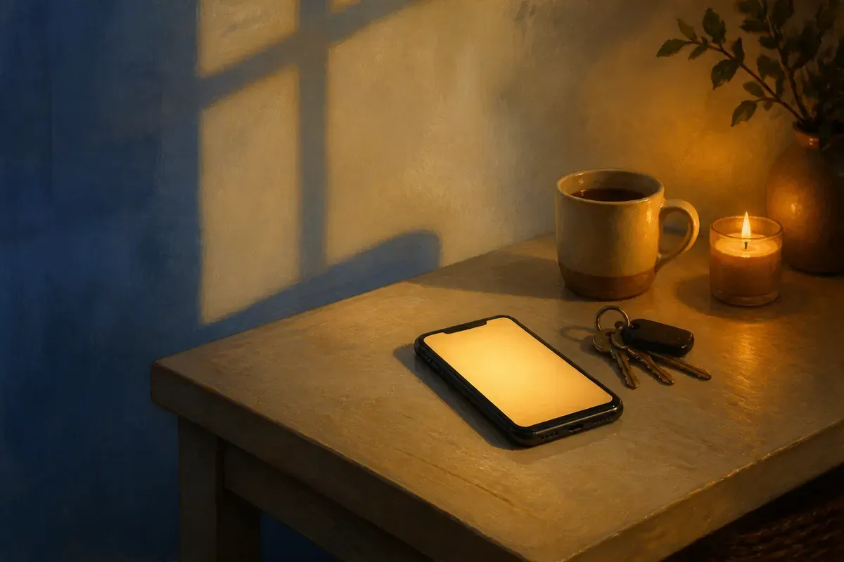Un teléfono resplandeciente descansa sobre una mesa de entrada junto a unas llaves, café y una velita encendida