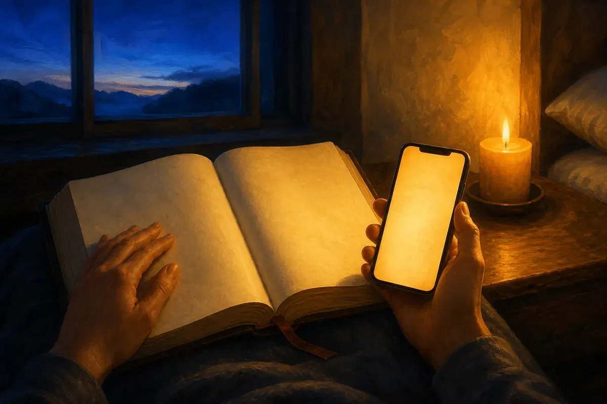 Una mano sostiene un teléfono con un brillo suave junto a una Biblia abierta con páginas de pergamino en blanco al amanecer