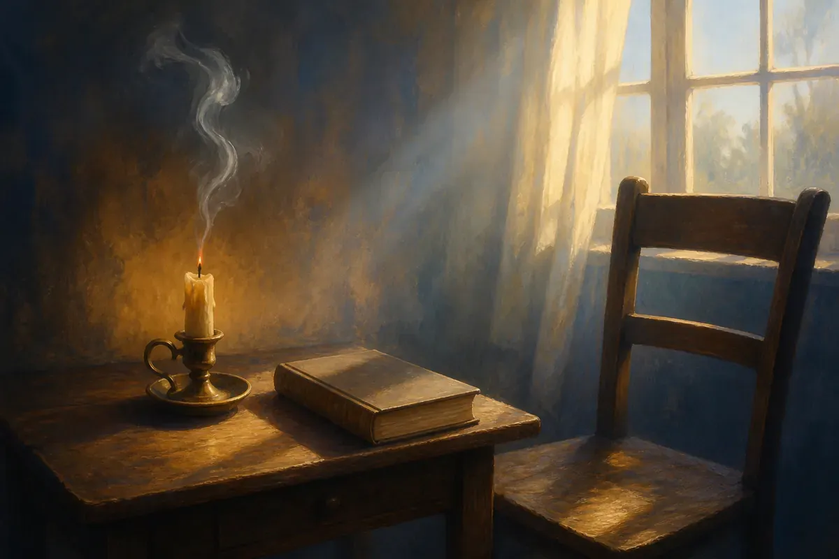 Una vela recién apagada junto a un libro cerrado sobre una mesita, con la luz de la mañana entrando por la ventana