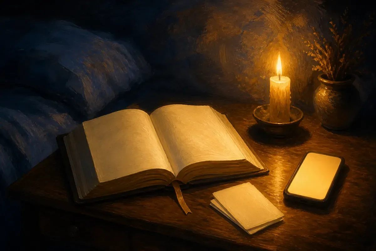 Una Biblia abierta con una cinta, tarjetas en blanco y un teléfono iluminado con calidez junto a una velita