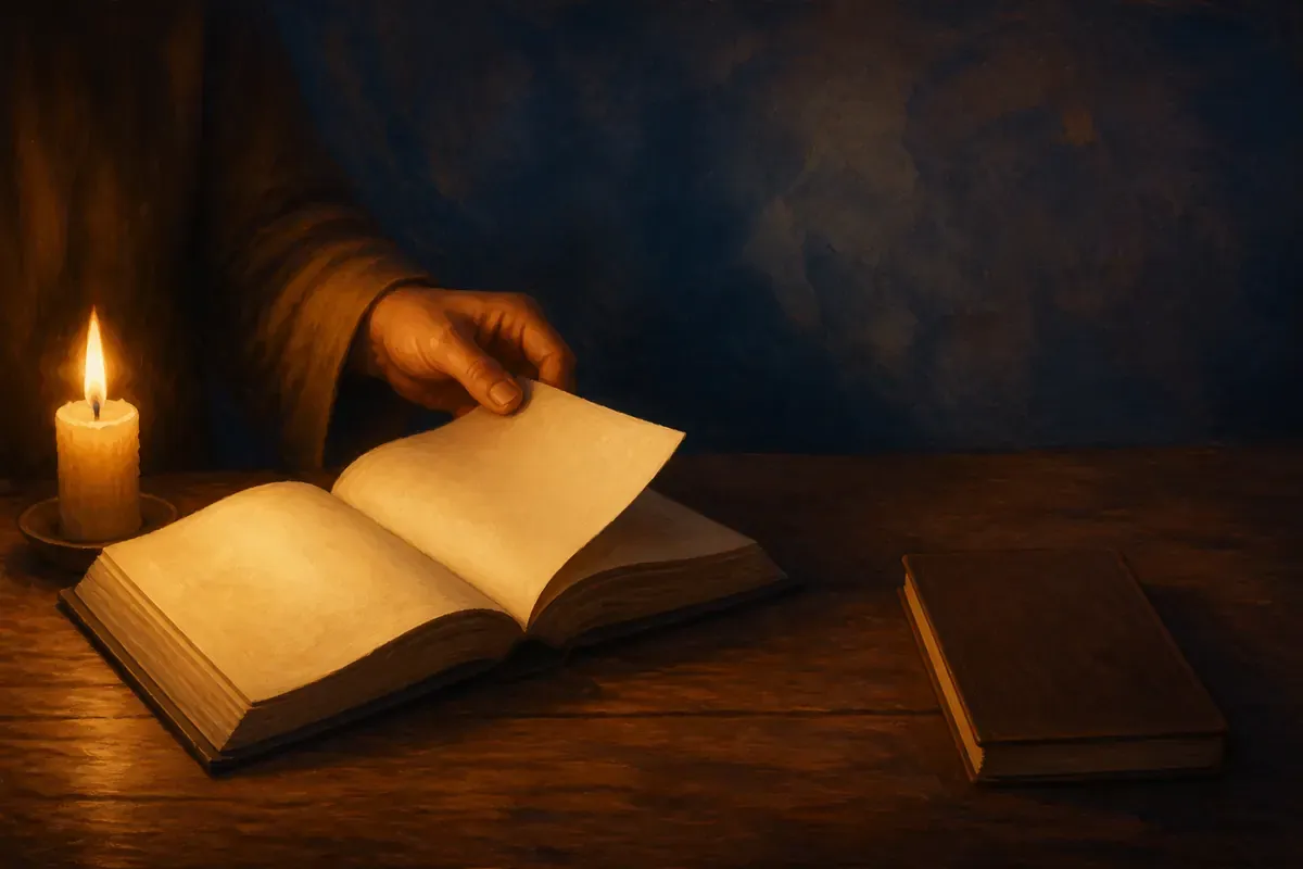 Una mano pasa una página en blanco de una Biblia abierta junto a una vela sobre una mesa de madera