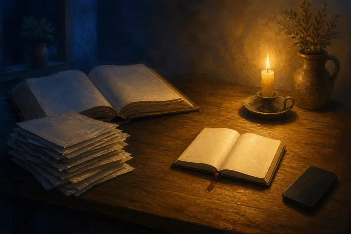 Una pila gruesa de páginas y una Biblia abierta de gran tamaño quedan en sombra azul junto a un pasaje pequeño iluminado por una vela