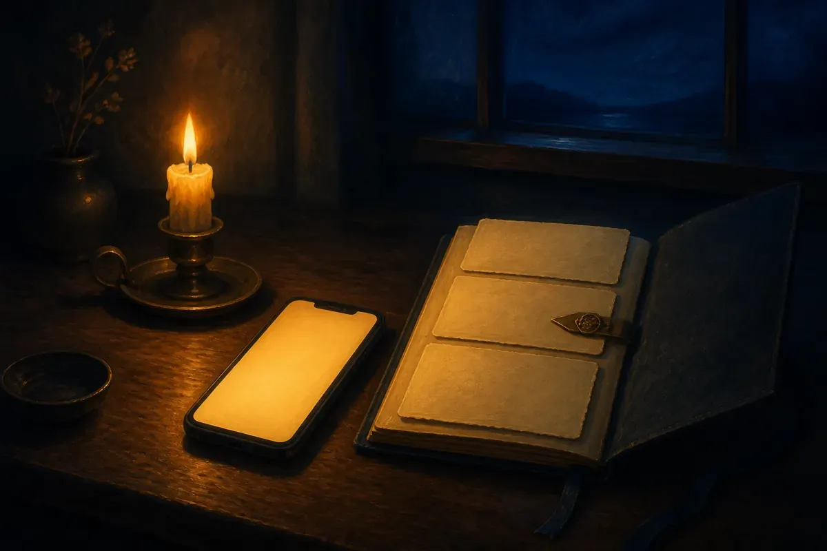 Un teléfono con una pantalla cálida y vacía junto a tres tarjetas de historial fechadas sobre un cuaderno abierto