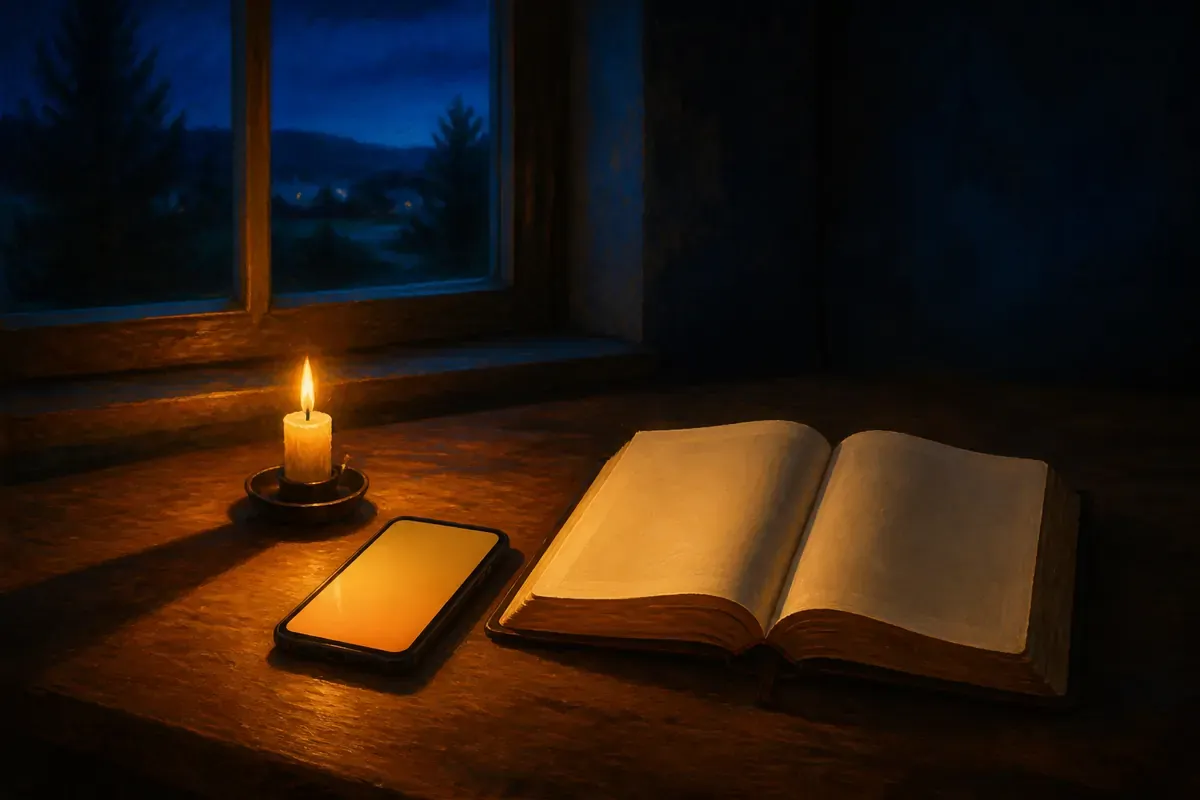 Un teléfono resplandeciente y una Biblia abierta descansan junto a una sola velita frente a una ventana azul oscuro por la noche