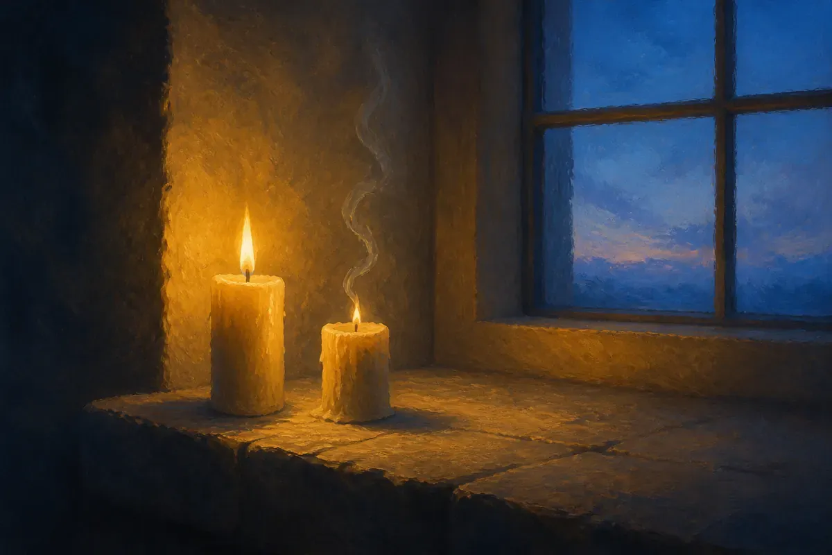 Dos velas en el alféizar al amanecer: una encendida y otra recién vuelta a encender
