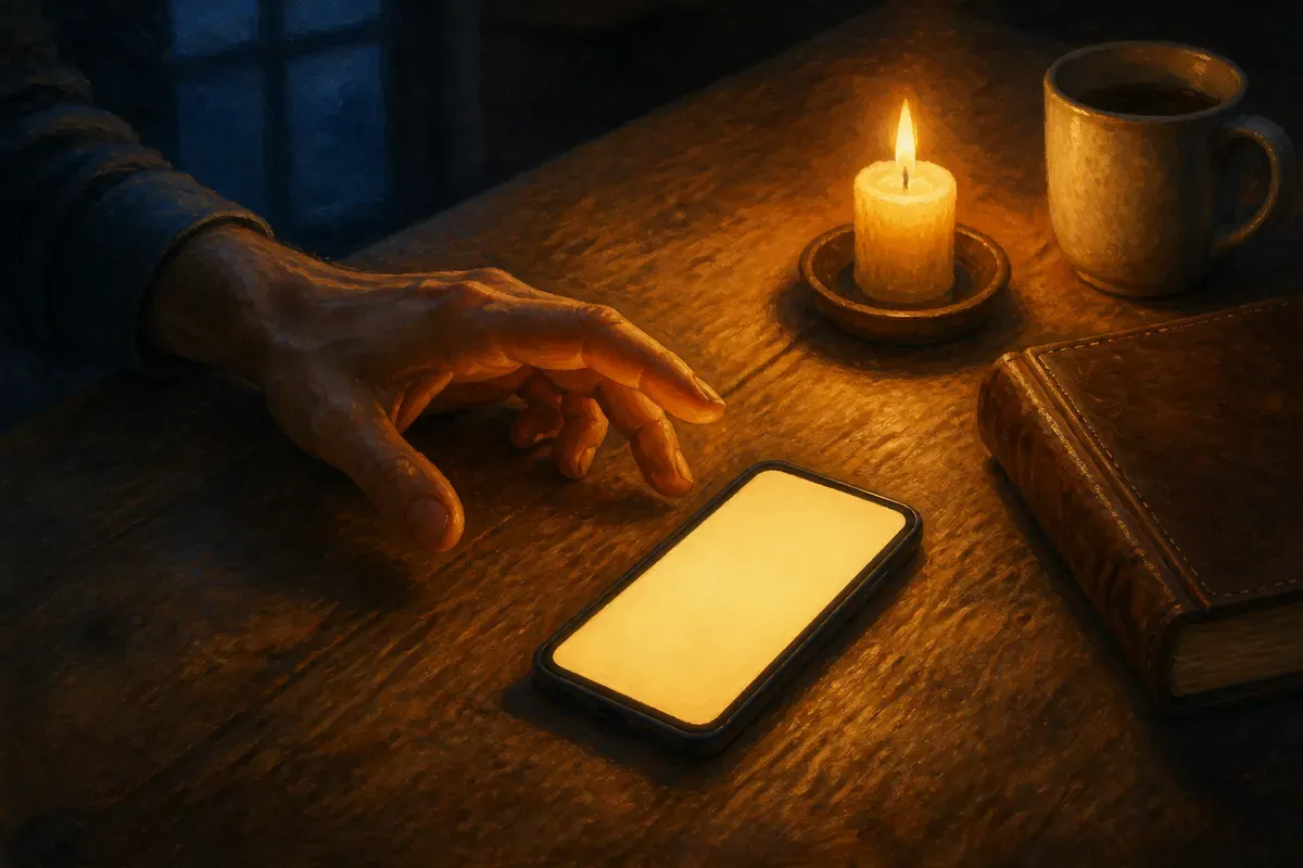 Una mano alcanza un teléfono sobre la mesa de la cocina con la primera luz de la mañana, junto a una velita encendida