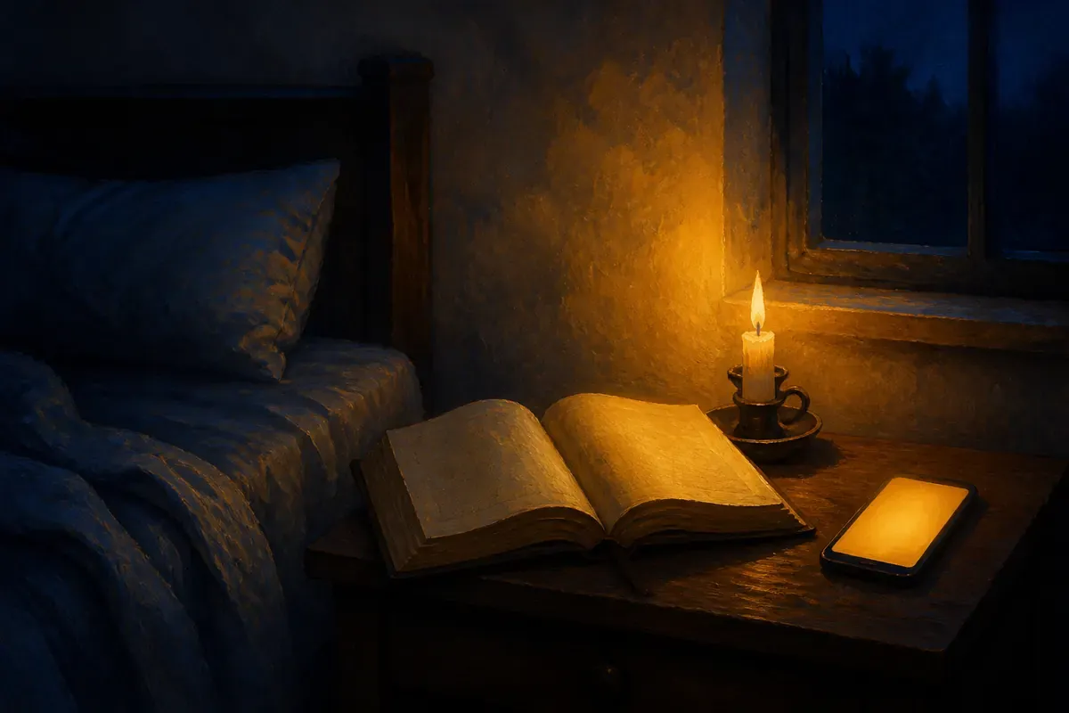 Una mesa de noche con una Biblia abierta sin marcas, una vela y un teléfono con un resplandor suave junto a una ventana oscura