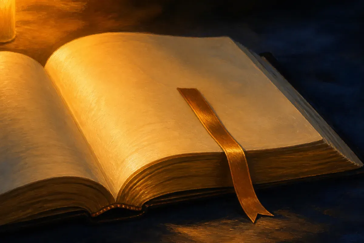 Una Biblia abierta con una sola cinta marcando un pasaje corto, iluminada por la luz de una vela