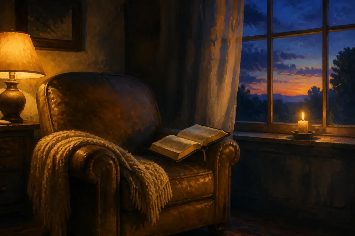 Un sillón gastado junto a la ventana al anochecer, con una Biblia abierta en el brazo y una vela encendida en el alféizar