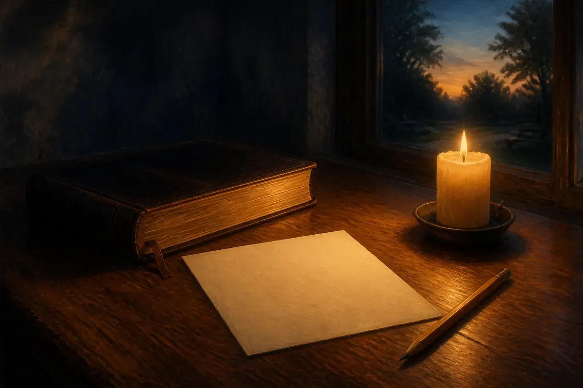 Una hoja en blanco y un lápiz junto a una Biblia cerrada y una vela sobre una mesa de madera junto a una ventana al anochecer