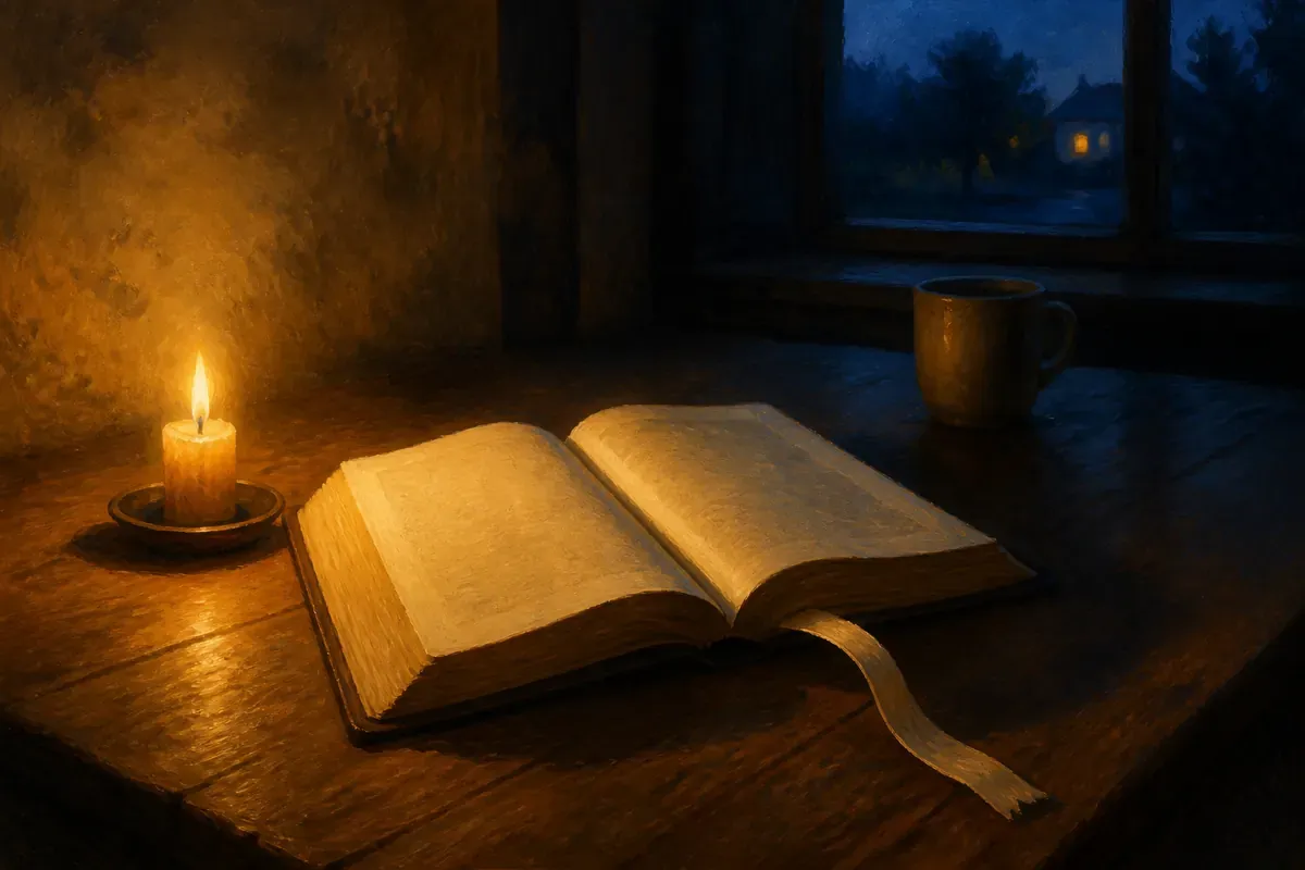 Una Biblia abierta con las páginas desenfocadas descansa junto a una vela y una taza sobre una mesa de madera al anochecer.
