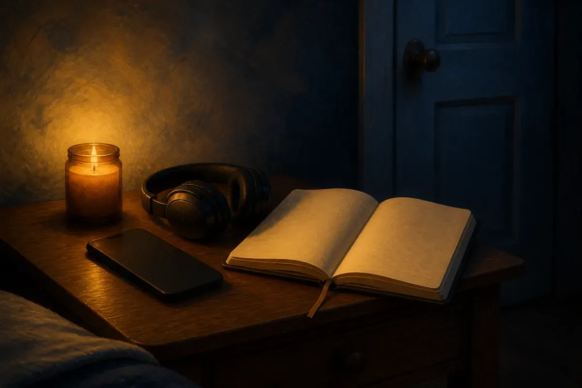 Un teléfono boca abajo, audífonos, una vela y un libro abierto en blanco sobre una mesa de noche junto a una puerta oscura cerrada
