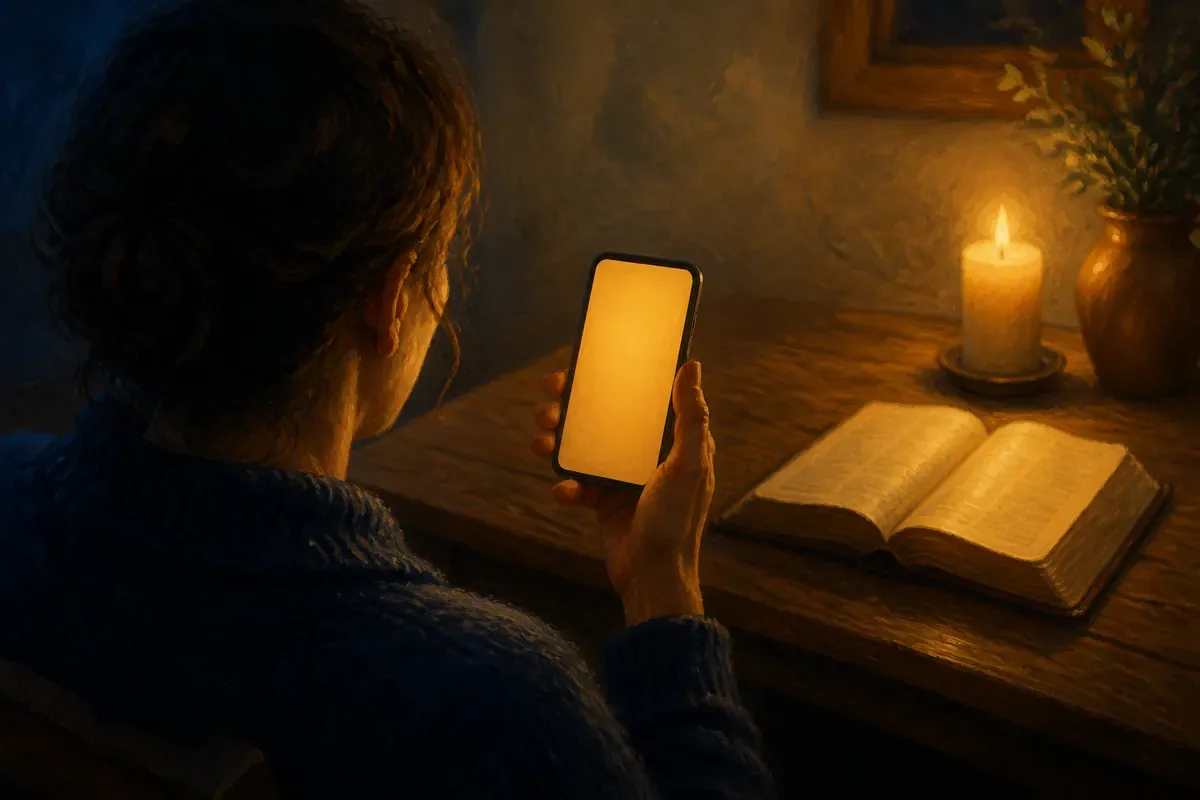 Una persona vista de espaldas sostiene un teléfono resplandeciente a la distancia de su brazo, junto a una Biblia abierta y una velita encendida