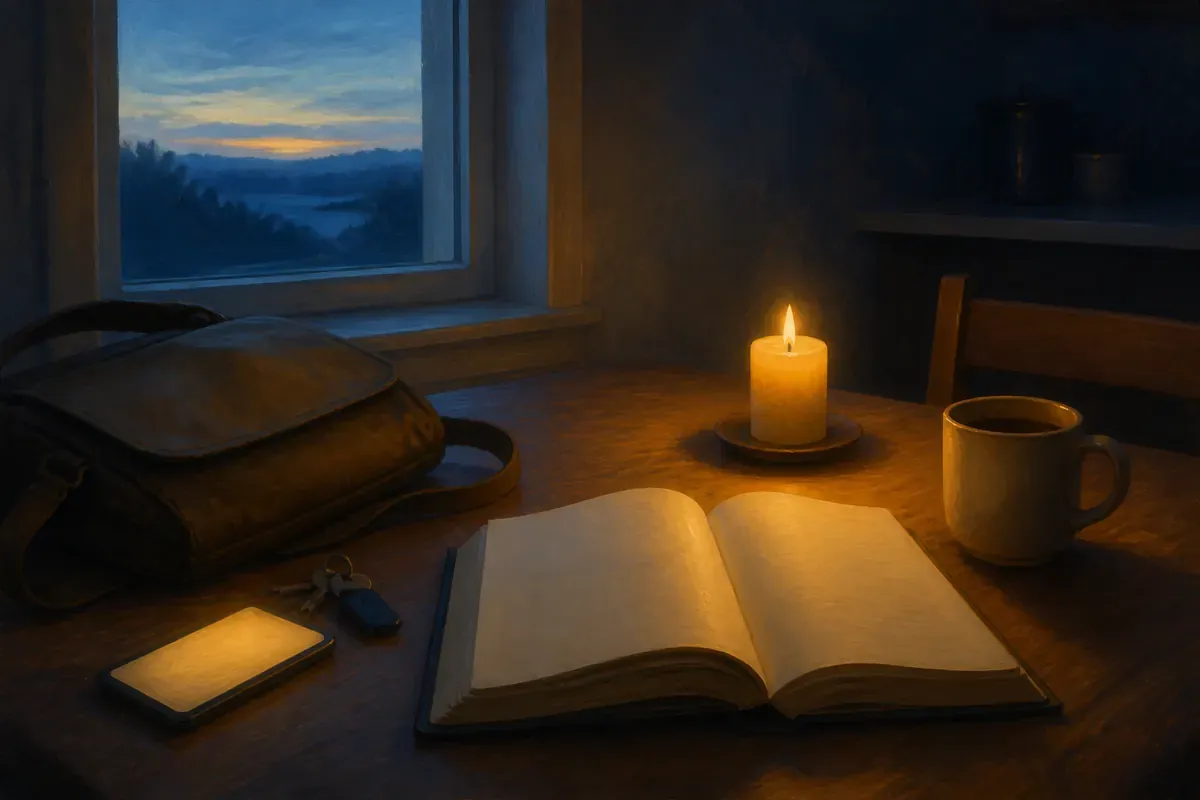 Una Biblia abierta junto a una bolsa de trabajo, llaves, una vela, una taza y un teléfono al amanecer