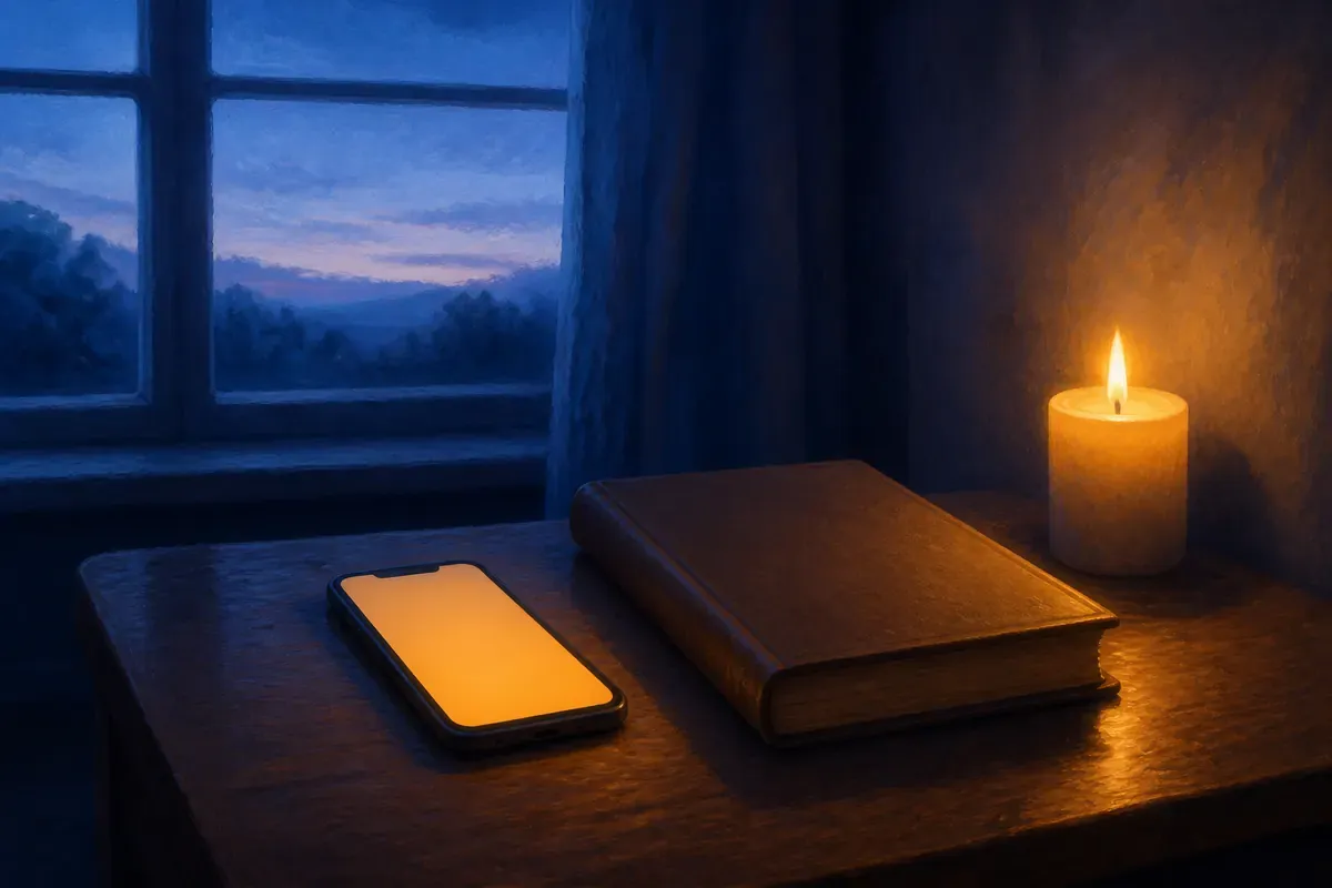 Un teléfono resplandeciente descansa junto a una Biblia cerrada y una velita encendida sobre una mesa de madera al amanecer