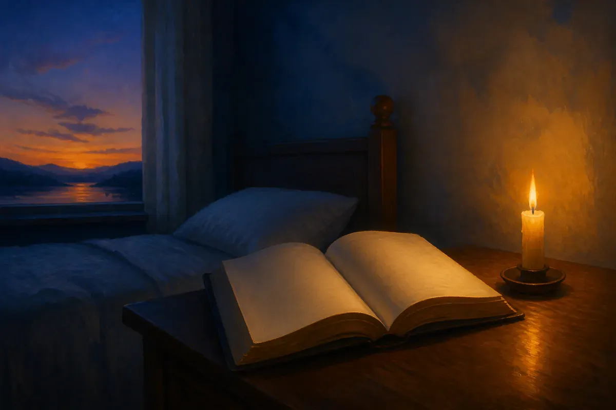 Biblia abierta y vela sobre una mesita de noche al anochecer
