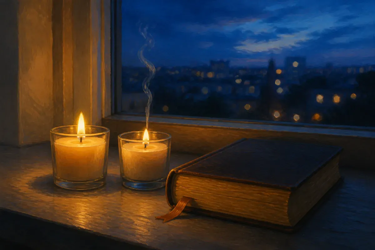 Dos velas junto a una Biblia cerrada en el alféizar de una ventana al anochecer, una de ellas recién encendida