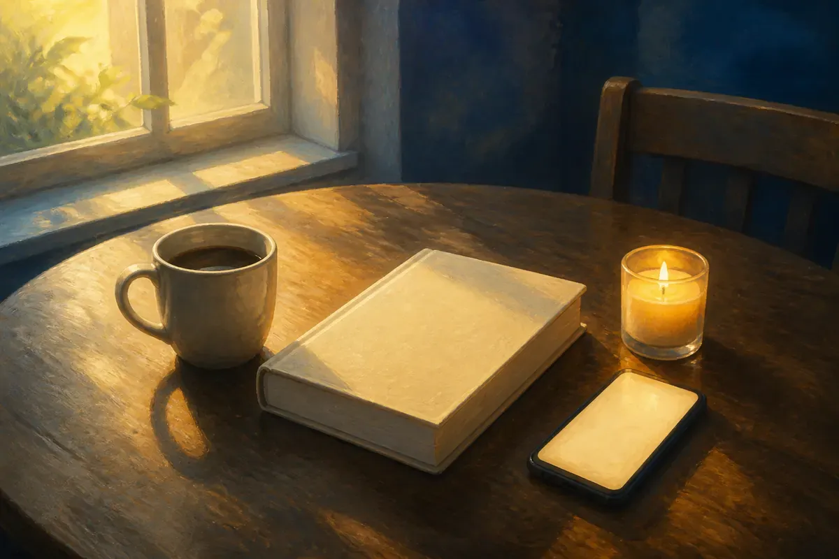 Una taza de café, una Biblia cerrada, una vela y un teléfono con un resplandor cálido descansan sobre una mesa de cocina iluminada por la mañana.