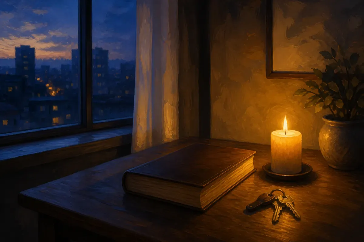 Una persona elige un momento de oración en una mesa pequeña con una Biblia, café y una vela mientras entra la luz del día por la ventana.