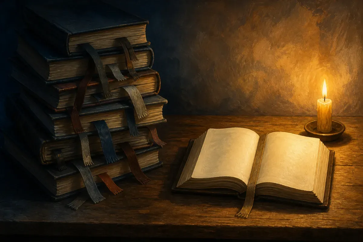 Una mesa con una pila pesada de libros junto a una Biblia abierta y una vela
