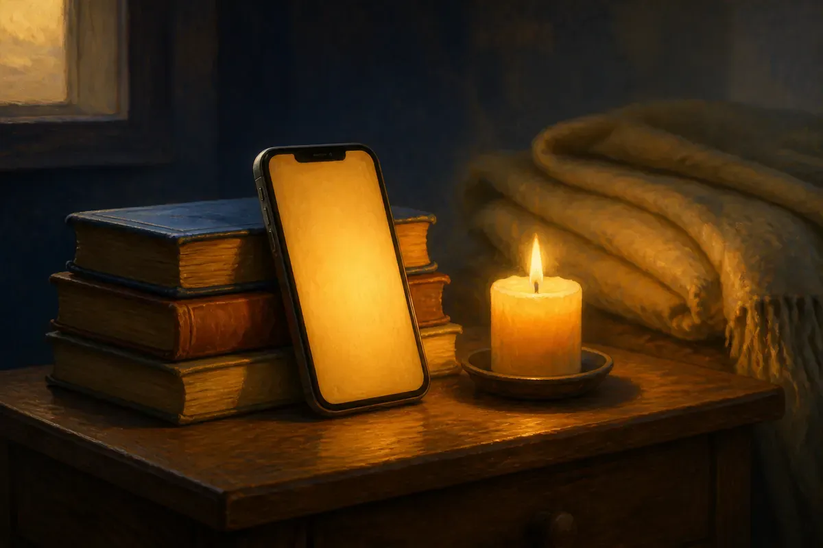 Un teléfono apoyado en unos libros sobre la mesilla, junto a una velita encendida al amanecer